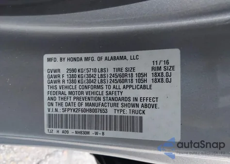 2017 Honda Ridgeline Rtl-T z USA, uszkodzony, nr VIN 5FPYK2F60HB007653